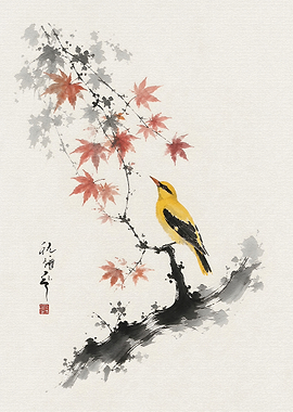 Yellow Bird on Maple Branch