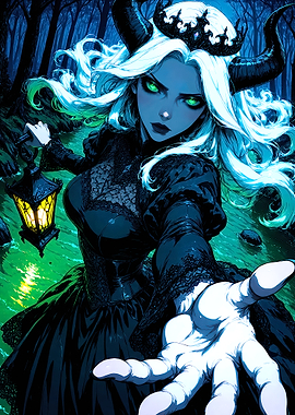 Gothic Queen with Lantern in Dark Forest
