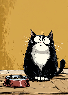 Funny Tuxedo Cat with Food Bowl