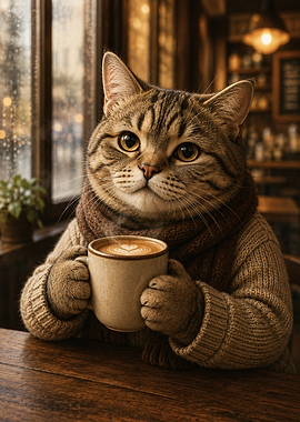 Cat with Coffee in Cozy Cafe