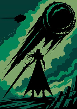 Silhouette of a warrior facing a comet