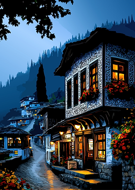 Village street at dusk