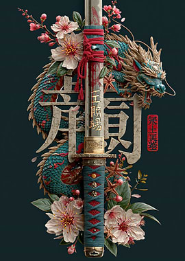 Dragon and Katana with Cherry Blossoms