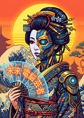 Cyberpunk Geisha with Futuristic Fan