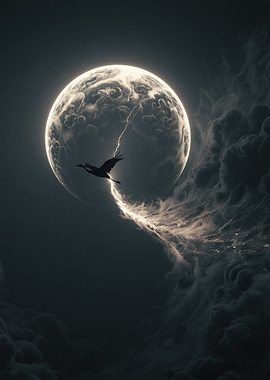 Bird Flying Through Moonlit Clouds