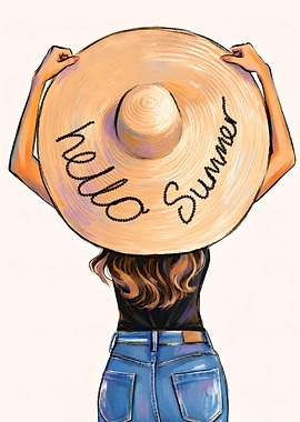 Woman in a wide-brimmed hat saying Hello Summer