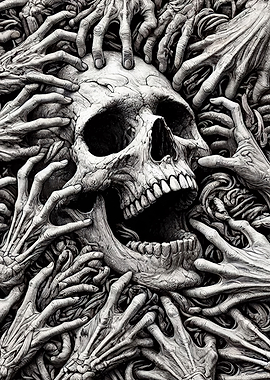 Screaming Skull Surrounded by Hands