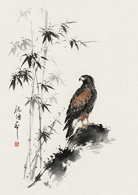Hawk Perched on Rock with Bamboo