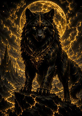 Mythical Black Wolf Under Golden Moon