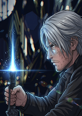 Man holding glowing sword in city