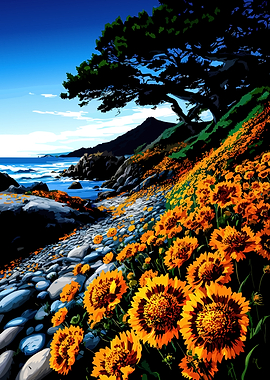 Coastal scene with wildflowers and ocean
