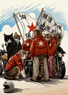 Cats in Biker Jackets with Flags