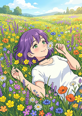 Anime Girl in a Flower Field