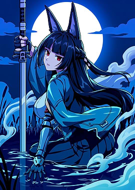 Anime Girl with Katana in Moonlit Water