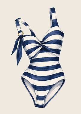 Retro Swimsuit Poster – Navy Striped Bathing Suit Art