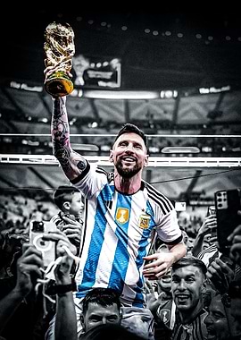 Lionel Messi holding the World Cup trophy