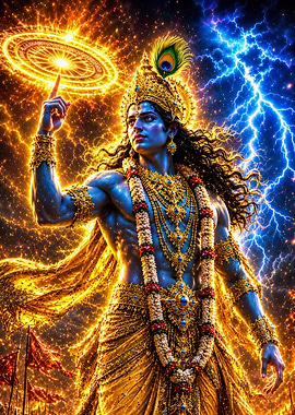 Lord Krishna Wielding Sudarshana Chakra on Kurukshetra | Epic Hindu God Cinematic Wall Art