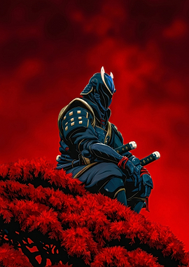 Samurai in Blue Armor Amidst Red Foliage
