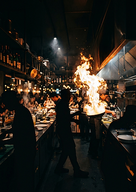 Chef Cooking Flambe Flame Restaurant Kitchen Art