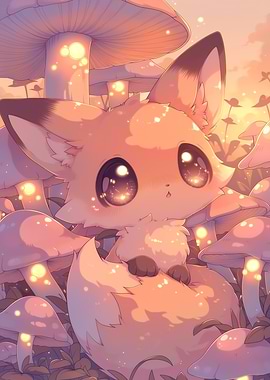 Cute Fox Among Glowing Mushrooms