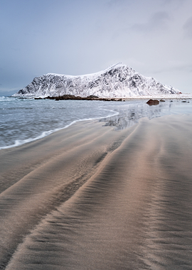 Snow-capped mountain beach landscape