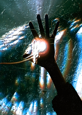 Hand reaching through abstract light and water