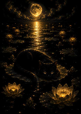 Black Cat on Lily Pad Under Full Moon