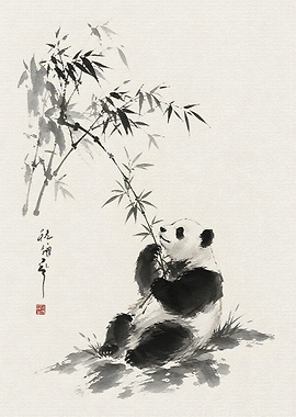 Panda Eating Bamboo in Sumi-e Style