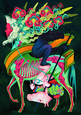 Surreal Horse Skeleton with Rider and Pig
