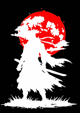 Samurai Silhouette Under Red Moon