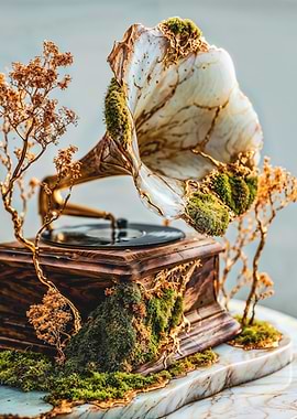 Marble Gramophone covered with Moss