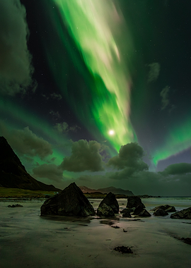 Aurora Borealis Over Rocky Beach