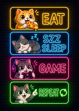 Cute Cats Eat Sleep Game Repeat Neon Signs