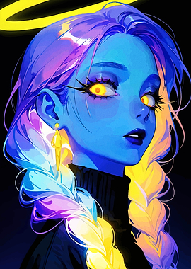 Blue-skinned character with yellow eyes and halo