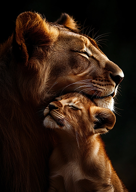 Lion and cub embracing