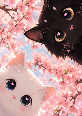 Cute Cats Among Cherry Blossoms