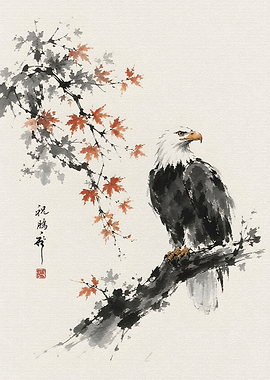 Eagle on a Branch with Maple Leaves