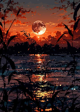 Sunset Moonlit Lake with Silhouetted Plants