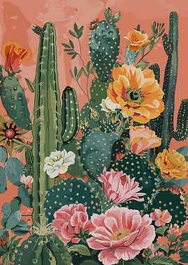 Desert Cactus and Flower Illustration