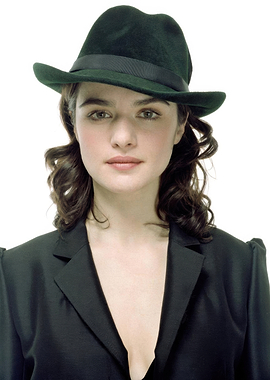 Rachel Weisz in a green hat and black jacket