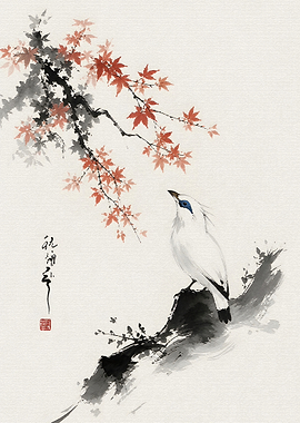 Bird on a Branch with Maple Leaves