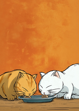 Two cats eating from a bowl