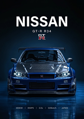 blue angry Nissan GT-R R34 sleek car Poster