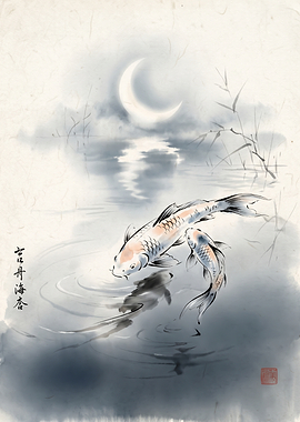 Koi Fish Under the Moon