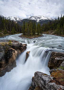 Majestic Waterfall in a Mountainous Forest