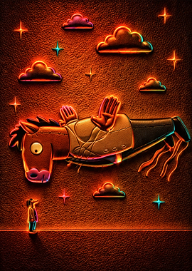 Surreal Horse and Man Under Neon Clouds
