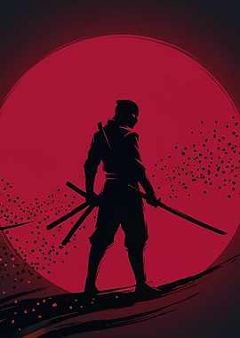 Ninja Silhouette Against Red Moon