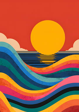 Retro Sunset Over Rainbow Waves
