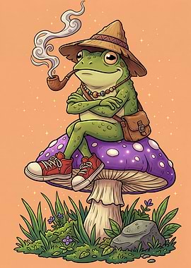 Frog Smoking Pipe on Mushroom
