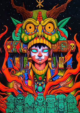 Mayan Warrior with Mask and Statues